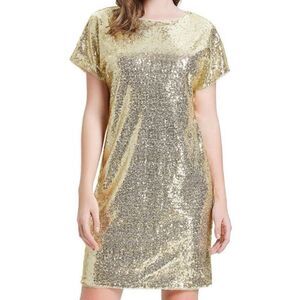 Kate Kasin Allover Gold Sequined Short Sleeve Cocktail Dress NWT | Size Medium